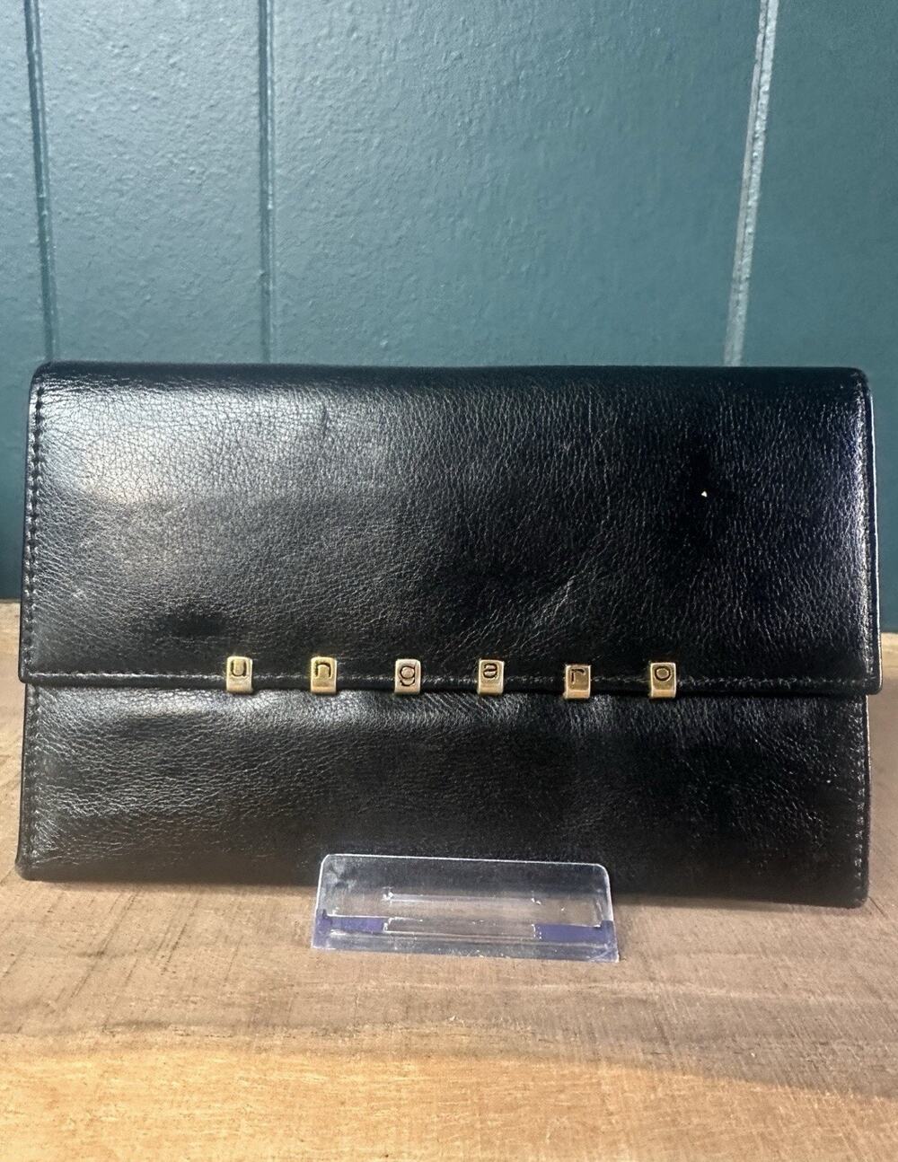 Emanuel Ungaro Vintage Black Leather Long Wallet Trifold Coin Pocket Italy